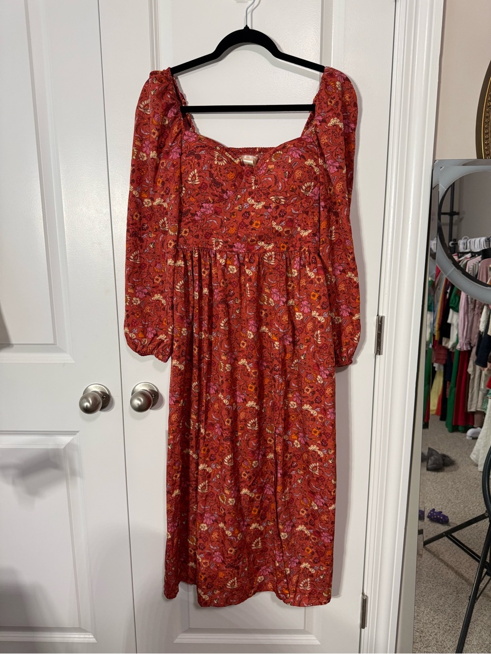 Women’s Rust-Red Floral Long Sleeve Midi Dress with Square Neck